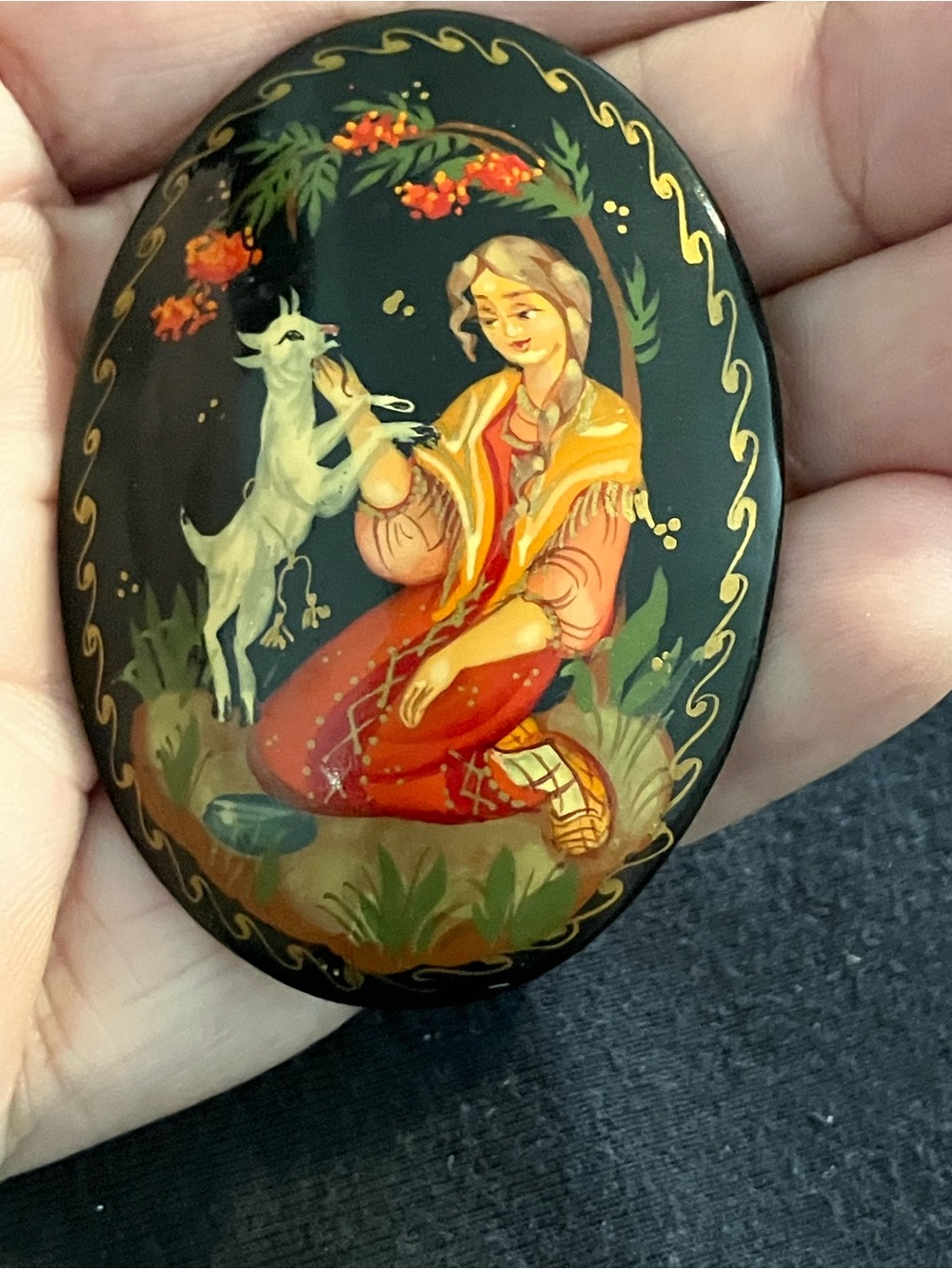 VTG 1992 Russian Lacquer Brooch Pin Alenushka Fairy Tale Signed Hand Painted